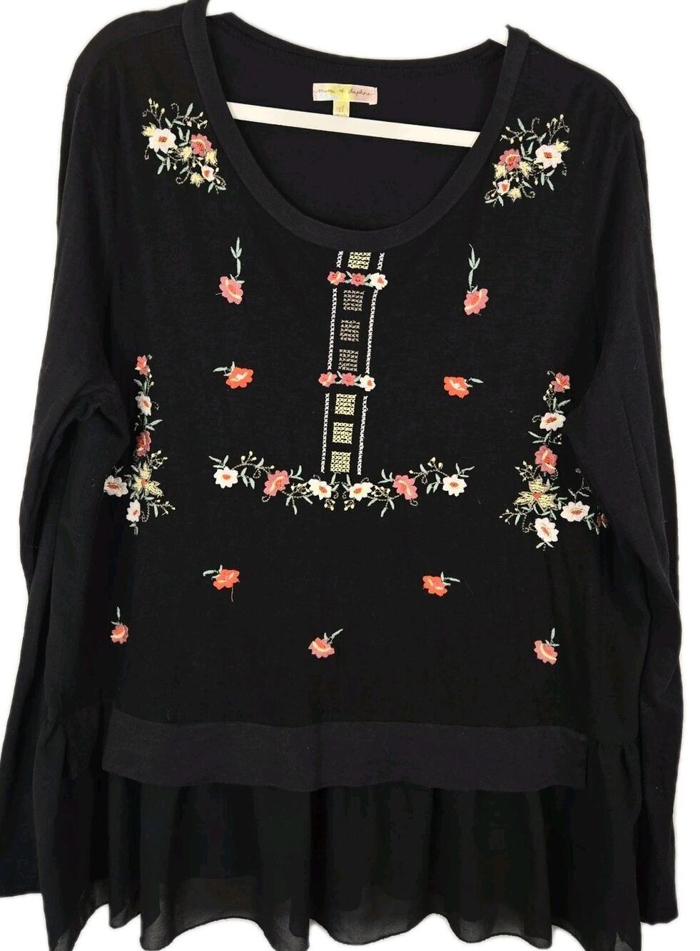 Mimi & Daphne Embroidered Floral Peasant Top XL Hippie Boho Coquette Sheer Ruffl